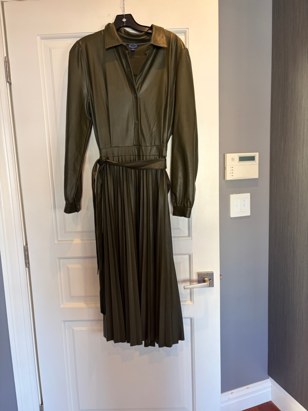 Olive Green Long Sleeve Pleated Shirt Dress with Self-Tie Waist